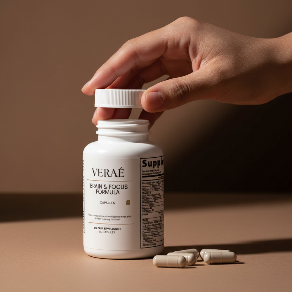 Hand opening VERAÉ Brain & Focus Formula bottle
