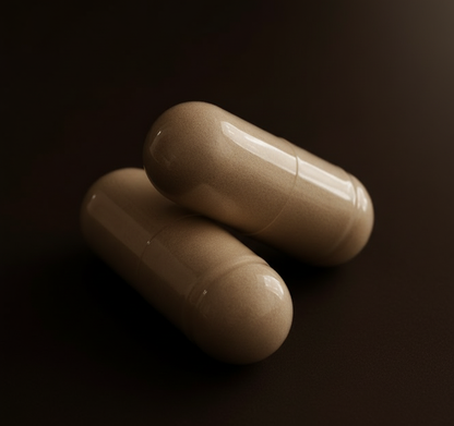 Two VERAÉ supplement pills stacked with brown and black aesthetic