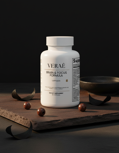 VERAÉ Brain & Focus Formula with brown and black aesthetic