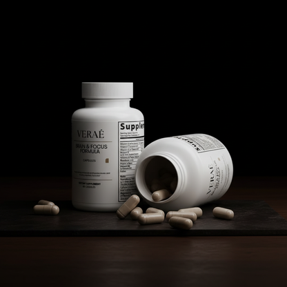 VERAÉ supplement pills on surface with brown and black aesthetic